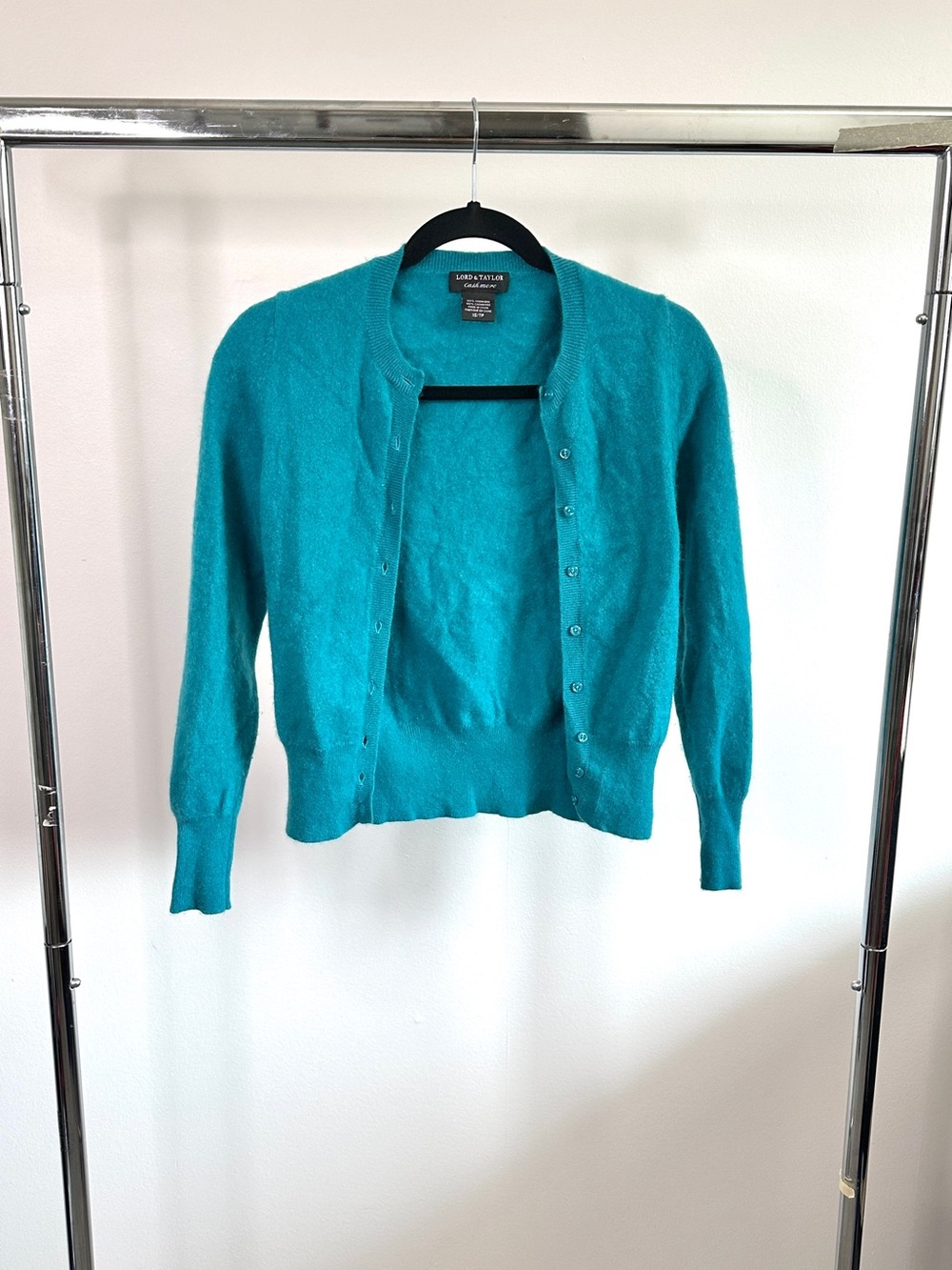 Lord & Taylor 100% Cashmere Cardigan Teal Blue Sz XS Button Front Soft